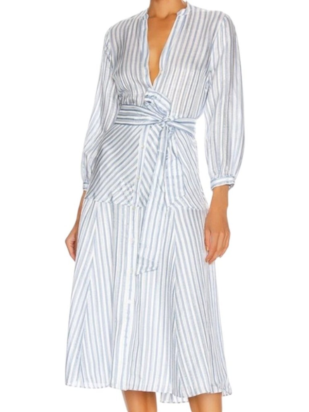 NWT $595 Veronica Beard Jenna Silk Linen Button Down Midi Dress 14 Blue White